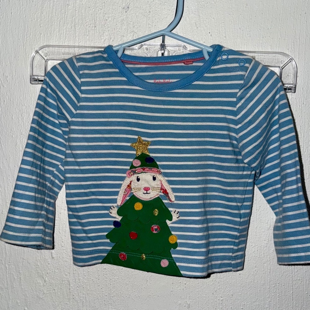 Baby Boden Kids Blue Striped Christmas Tree Bunny Long Sleeve Tee 6-12M
